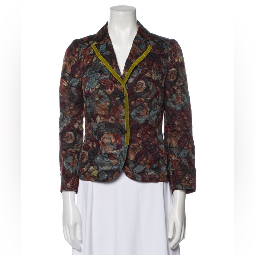 Etro Wool Floral Print Multi Textured Velvet Trim 3/4 Sleeve Blazer EUC IT38 US2